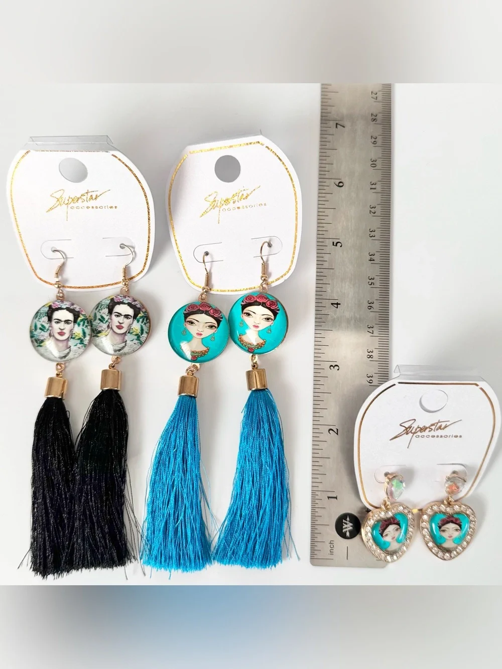 Superstar Accessories Frida Kahlo Earrings Lot Crystal Heart Tassel Gold NWT